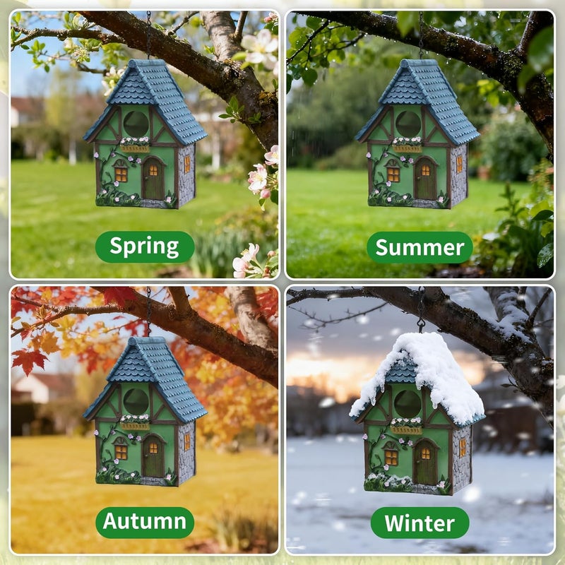 MINWOLF Bird Houses for Outside Cottage Garden Birdhouse –Green Resin Birdhouses for Outdoors with Flower and Stone Details for Bluebird Finches Cardinals Bird Nesting Garden, Patio, Yard - Image 3